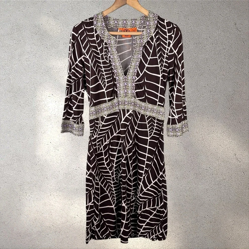Tory Burch Brown White Abstract Banana Leaf Print Silk Dress V-Neck 3/4 Sleeve M
